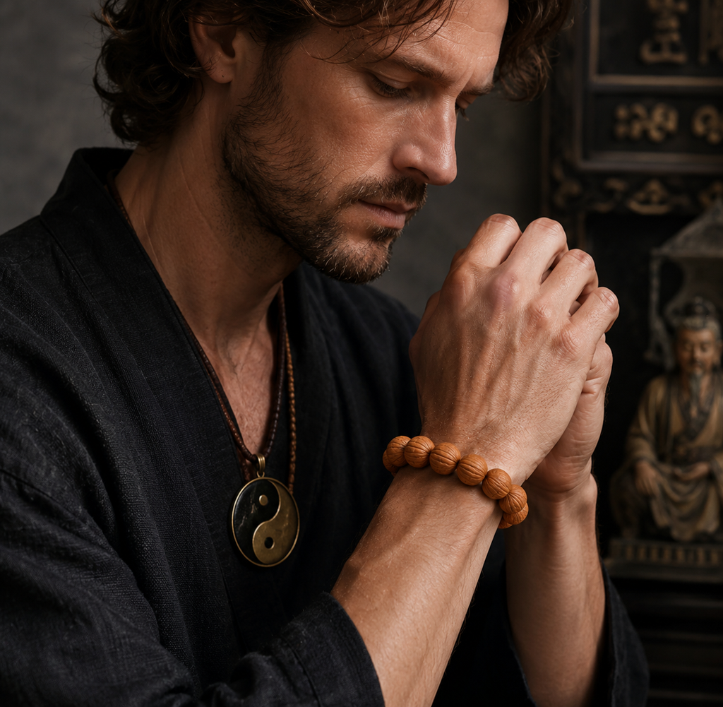 Man meditating wearing natural walnut wealth bracelet with Taoist yin yang pendant Taoist KaiGuang wealth attraction grounding positive energy spiritual jewelry