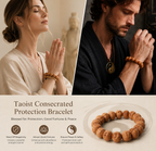 Taoist consecrated walnut bracelet worn by man and woman meditating showing ward off negativity attract good fortune ensure peace and safety KaiGuang spiritual protection