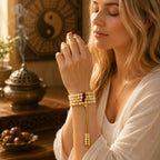 Woman wearing white flower beeswax 108 bead mala wrapped around wrist in meditation prayer pose yin yang backdrop Taoist KaiGuang consecrated spiritual protection bracelet