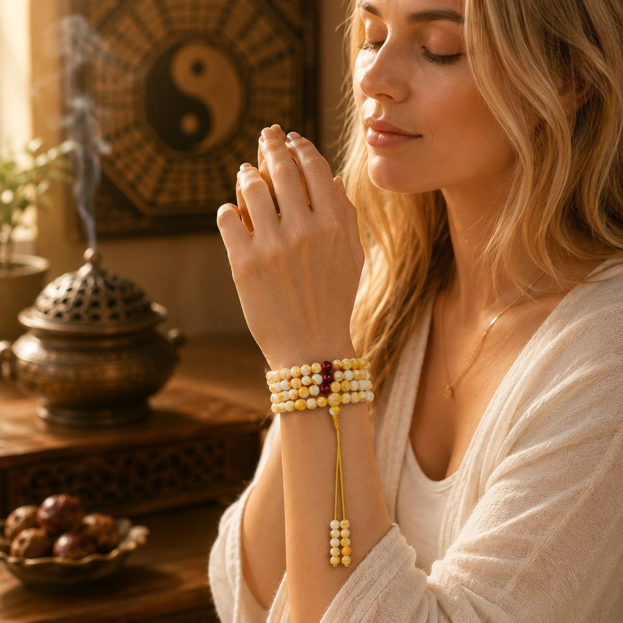 Woman wearing white flower beeswax 108 bead mala wrapped around wrist in meditation prayer pose yin yang backdrop Taoist KaiGuang consecrated spiritual protection bracelet