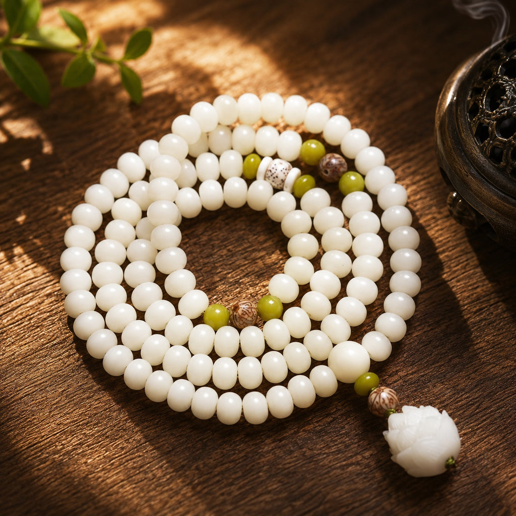 White jade bodhi root 108 bead mala laid flat in circle on dark wooden table with emerald green and bodhi seed spacer beads lotus pendant dappled sunlight green leaves inner peace meditation