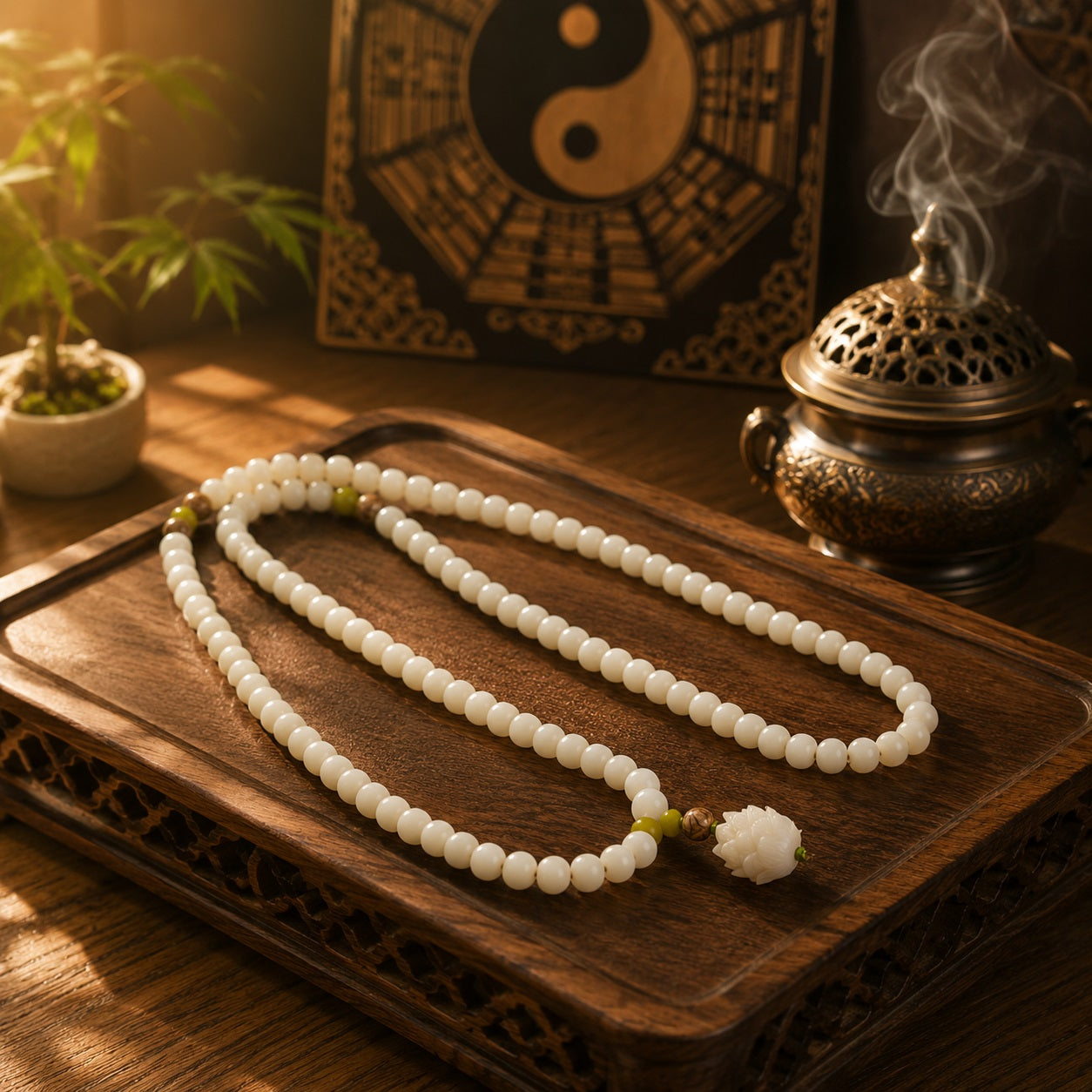 White jade bodhi root 108 bead mala necklace laid on carved dark wooden tray with lotus pendant yin yang bagua wall bronze incense burner rising smoke green plant deep meditative peace
