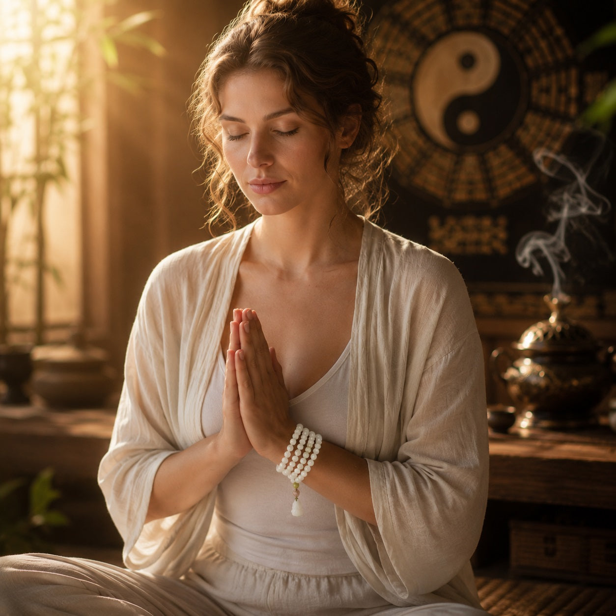 Woman in white linen robe hands in prayer position wearing white jade bodhi root mala as multi-wrap bracelet yin yang bagua backdrop bamboo sunlight bronze incense burner cognitive clarity inner peace meditation