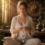 Woman in linen robe sitting cross-legged eyes closed holding white jade bodhi root 108 bead mala necklace with lotus pendant yin yang bagua backdrop bamboo sunlight bronze incense burner clearing mental blocks
