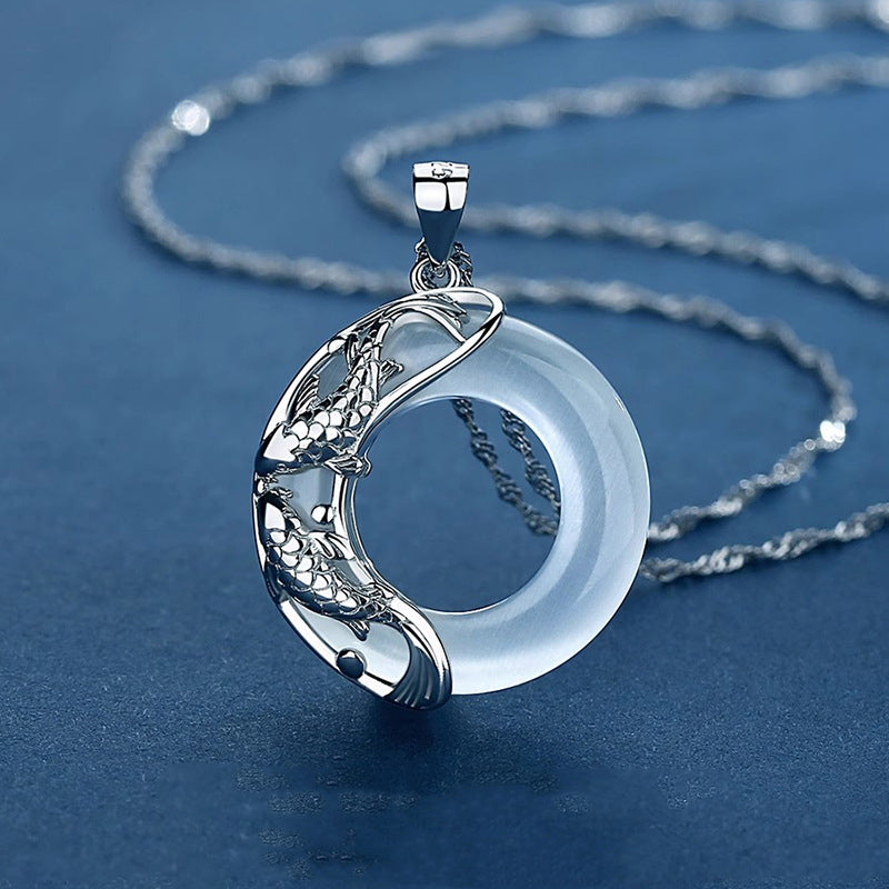 White Jade Koi Fish Taoist KaiGuang Necklace Silver Koi Pendant Love Guardian Fortune Women