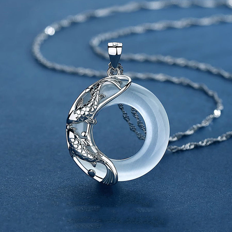 Jade Koi Taoist KaiGuang Necklace Side View White Jade Ring Silver Koi Fortune Transformation