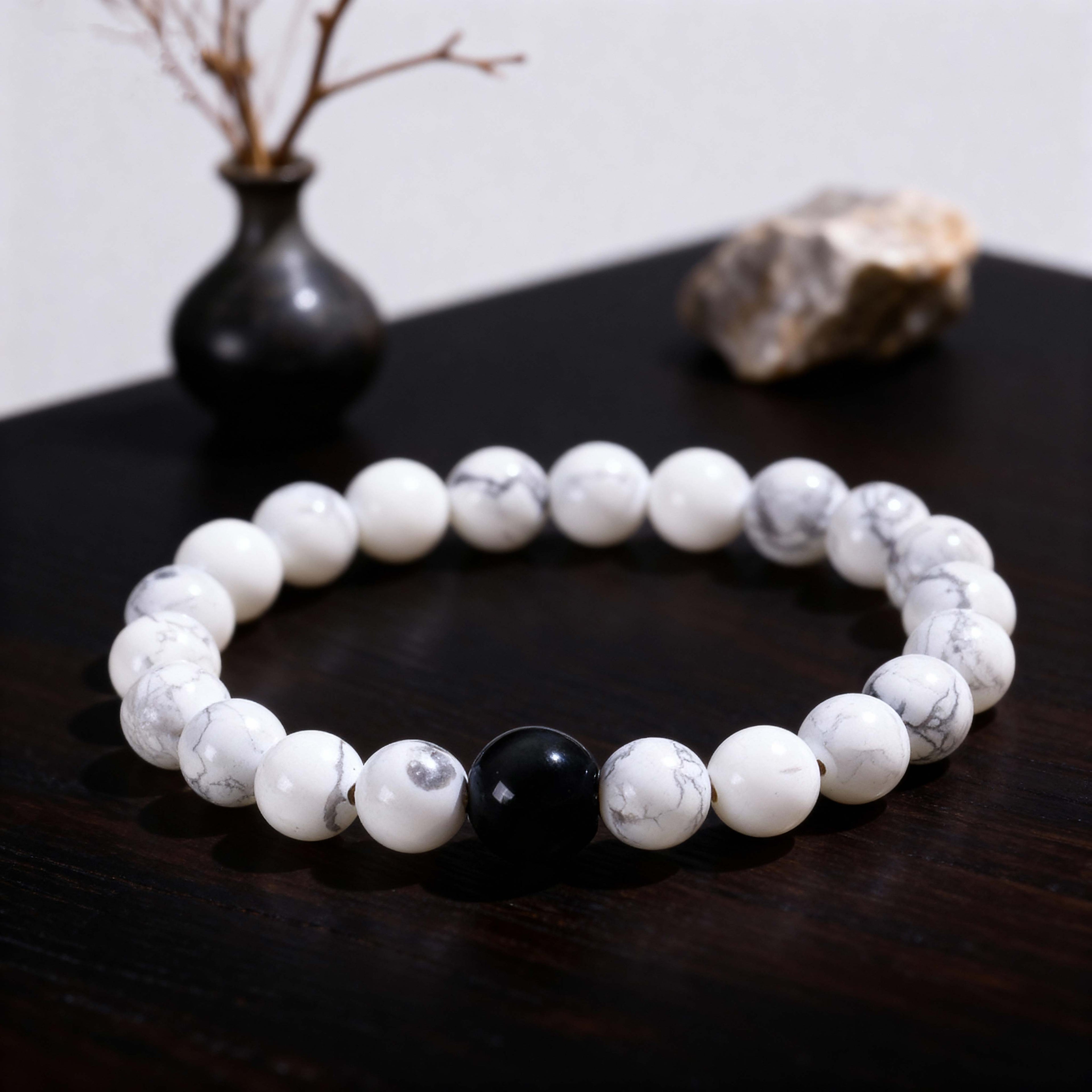 Taoist KaiGuang yin yang couple bracelet hers — map stone beads black obsidian center love harmony his and hers matching bracelet