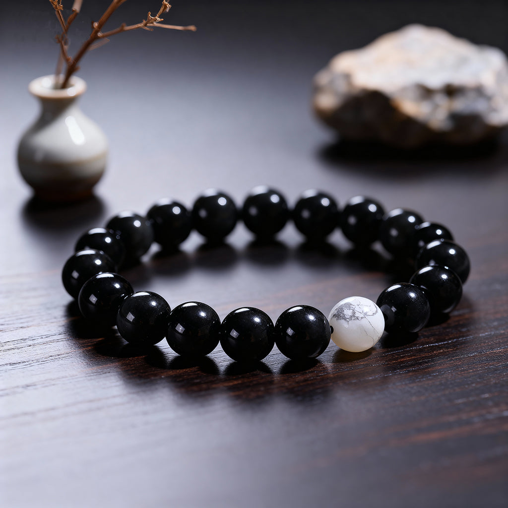 Taoist KaiGuang yin yang couple bracelet his — black obsidian beads map stone center protection love his and hers bracelet set